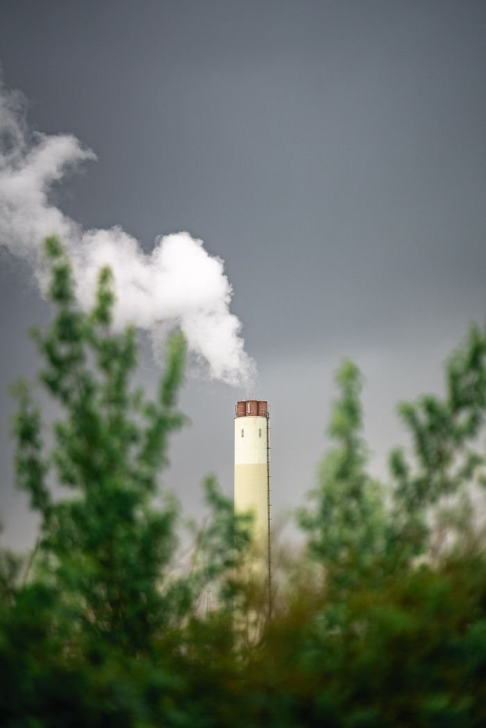 client-satisfaction-img Chimney releasing smoke with trees foreground, symbolizing air pollution.
